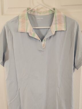 Lands' End Light Blue Polo with Pastel Plaid Collar